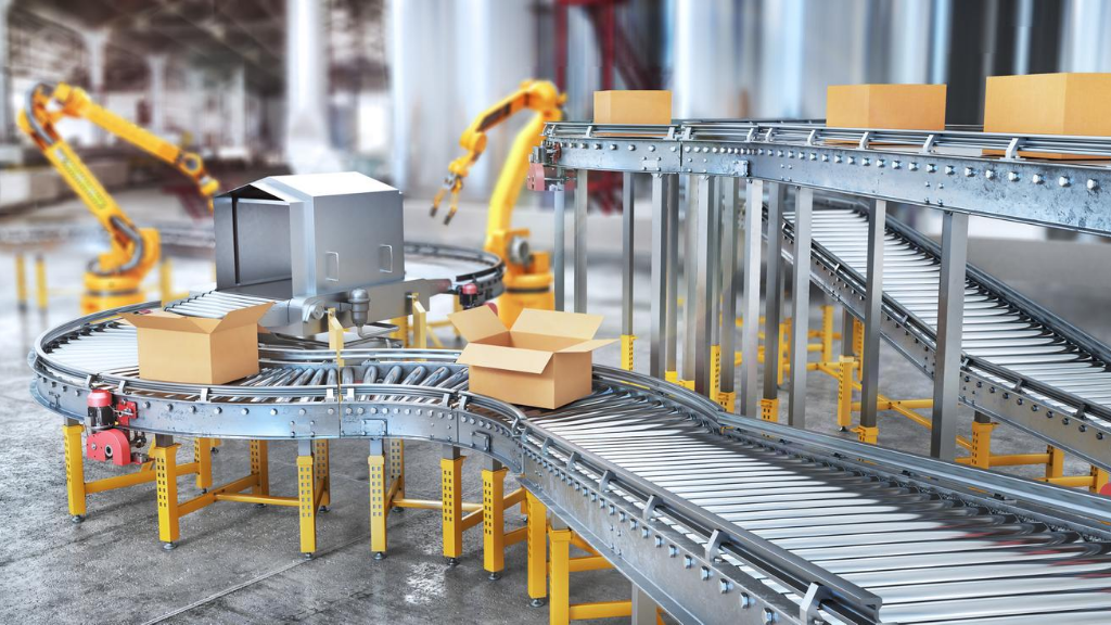 lank conveyors on a blurred factory background